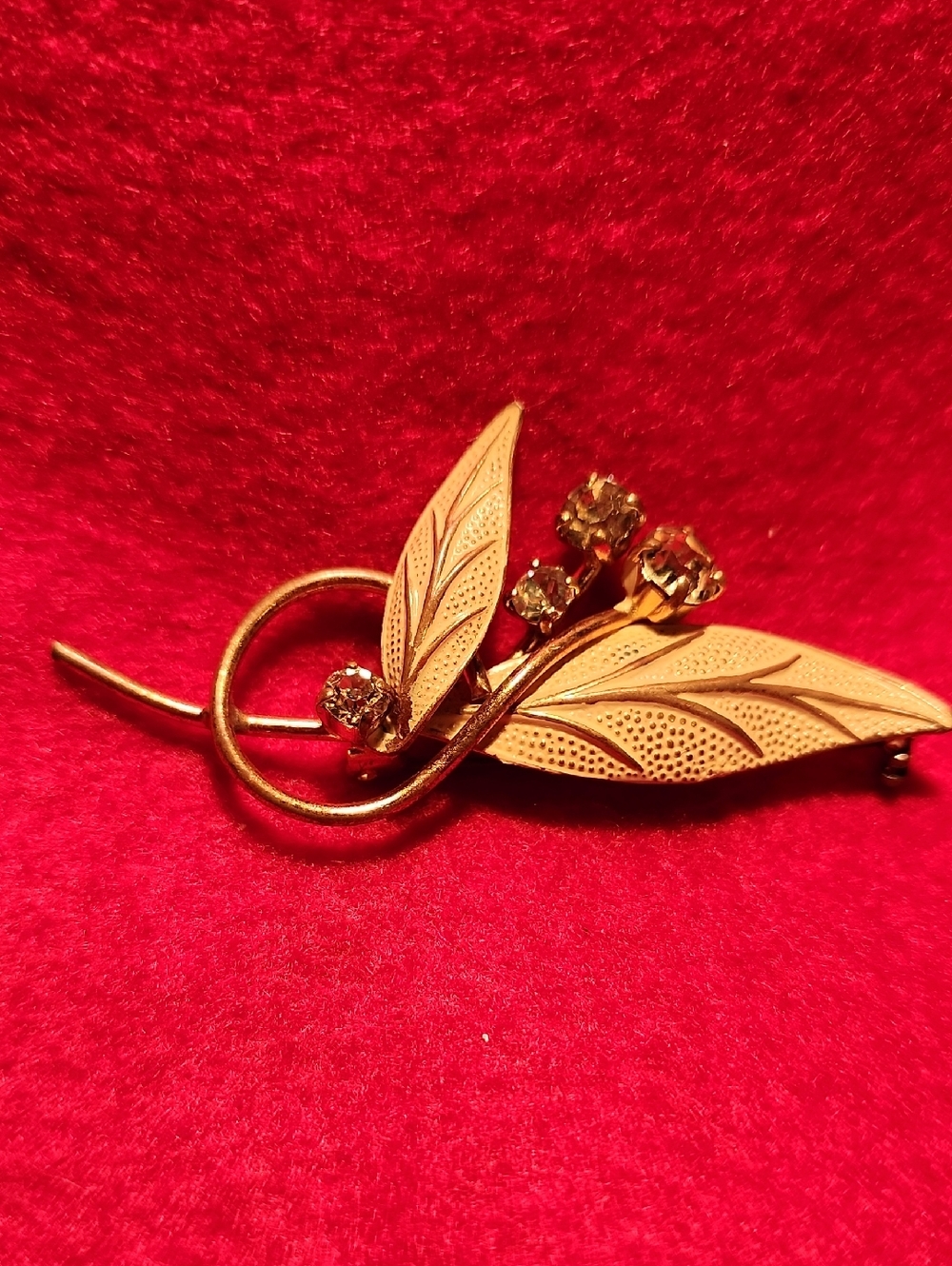 Gold Leaf Floral Brooch with Rhinestones - Women's Jewelry